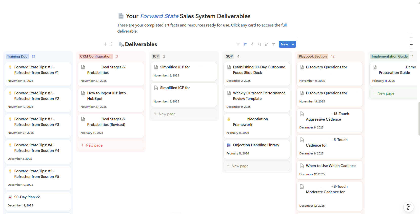 Forward State deliverables shown in a Notion board view